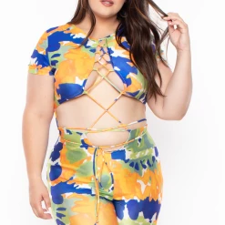 Highlight Plus Size Abstract Print Cut Out Catsuit - Orange/Blue Party Jumpsuilts