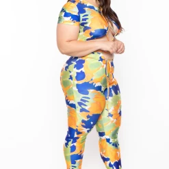 Highlight Plus Size Abstract Print Cut Out Catsuit - Orange/Blue Party Jumpsuilts