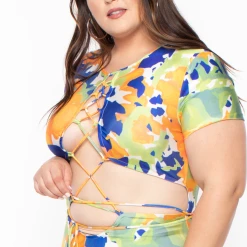 Highlight Plus Size Abstract Print Cut Out Catsuit - Orange/Blue Party Jumpsuilts
