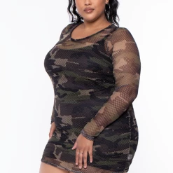 Curvy Sense Dresses Plus Size Camo Print Fishnet Dress - Camo
