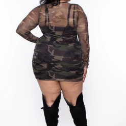 Curvy Sense Dresses Plus Size Camo Print Fishnet Dress - Camo