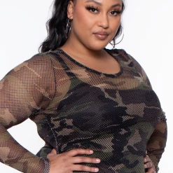 Curvy Sense Dresses Plus Size Camo Print Fishnet Dress - Camo