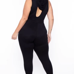 Curvy Sense Plus Size Hooded Zip Front Jumpsuit - Black