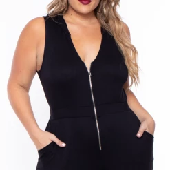 Curvy Sense Plus Size Hooded Zip Front Jumpsuit - Black