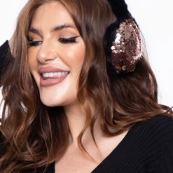 Illuma Fashion Fluffy Sequin Faux Fur Ear Muffs With Kitty Ears- Black Accessories