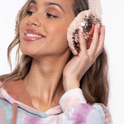 Illuma Fashion Accessories Fluffy Sequin Faux Fur Ear Muffs With Kitty Ears- Beige