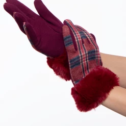 Illuma Fashion Plaid Gloves With Faux Fur Cuff- Red Accessories