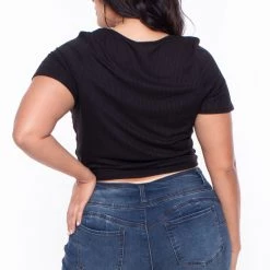 Curvy Sense Plus Size Alina Ribbed Crop Top - Black