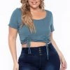 Curvy Sense Plus Size Alina Ribbed Crop Top - Teal Tops