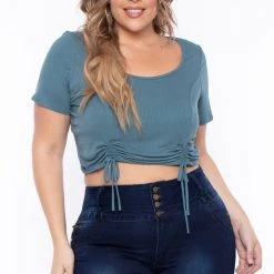 Curvy Sense Plus Size Alina Ribbed Crop Top - Teal Tops