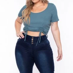 Curvy Sense Plus Size Alina Ribbed Crop Top - Teal Tops 9 Curvy Sense Plus Size Alina Ribbed Crop Top - Teal Tops