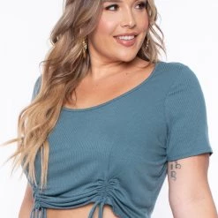 Curvy Sense Plus Size Alina Ribbed Crop Top - Teal Tops 10 Curvy Sense Plus Size Alina Ribbed Crop Top - Teal Tops