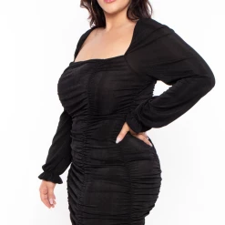 Curvy Sense Plus Size Alma Ruched Slinky Dress - Black Dresses