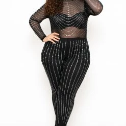 J OUR Plus Size 14K Sheer Mesh Rhinestone Jumpsuit - Black Party Shop