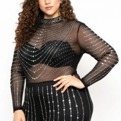 J OUR Plus Size 14K Sheer Mesh Rhinestone Jumpsuit - Black Party Shop