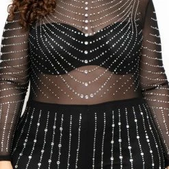 J OUR Plus Size 14K Sheer Mesh Rhinestone Jumpsuit - Black Party Shop