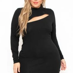 Curvy Sense Little Black Styles Plus Size Alita Mock Neck Zipper Dress - Black