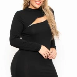 Curvy Sense Little Black Styles Plus Size Alita Mock Neck Zipper Dress - Black