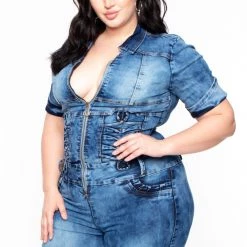 DIAMANTE Plus Size Acid Wash Denim Jumpsuit - Medium Wash Party Jumpsuilts