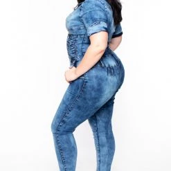DIAMANTE Plus Size Acid Wash Denim Jumpsuit - Medium Wash Party Jumpsuilts