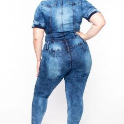 DIAMANTE Plus Size Acid Wash Denim Jumpsuit - Medium Wash Party Jumpsuilts