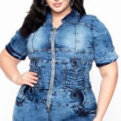 DIAMANTE Plus Size Acid Wash Denim Jumpsuit - Medium Wash Party Jumpsuilts