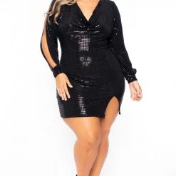 Curvy Sense Plus Size Allie Metallic Sequin Dress - Black Back In Stock