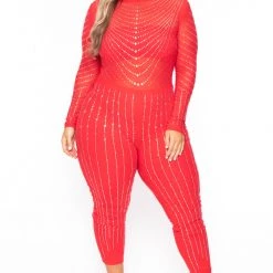 J OUR Plus Size 14K Sheer Mesh Rhinestone Jumpsuit - Red
