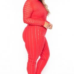J OUR Plus Size 14K Sheer Mesh Rhinestone Jumpsuit - Red