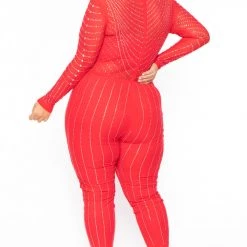 J OUR Plus Size 14K Sheer Mesh Rhinestone Jumpsuit - Red