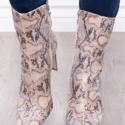 Azalea Wang Footwear Dama Dorada Snake Print High Heel Boots - Taupe