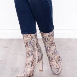 Azalea Wang Footwear Dama Dorada Snake Print High Heel Boots - Taupe
