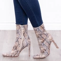 Azalea Wang Footwear Dama Dorada Snake Print High Heel Boots - Taupe