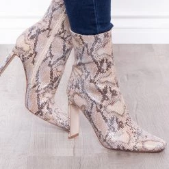 Azalea Wang Footwear Dama Dorada Snake Print High Heel Boots - Taupe