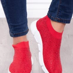 Azalea Wang Plume Rhinestone Covered Sock Sneakers - Red