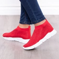 Azalea Wang Plume Rhinestone Covered Sock Sneakers - Red
