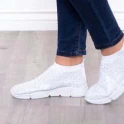 Azalea Wang Plume Rhinestone Covered Sock Sneakers - White Footwear