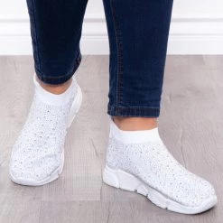 Azalea Wang Plume Rhinestone Covered Sock Sneakers - White Footwear