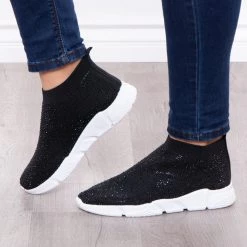 Azalea Wang Plume Rhinestone Covered Sock Sneakers - Black Footwear