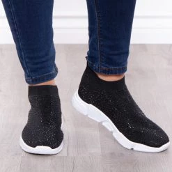 Azalea Wang Plume Rhinestone Covered Sock Sneakers - Black Footwear