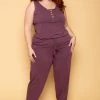 Zenana Plus Size Zelda Button Up Lounge Jumpsuit - Plum