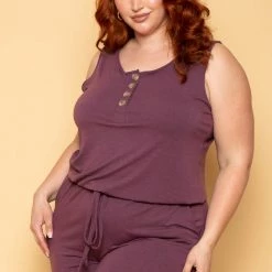 Zenana Plus Size Zelda Button Up Lounge Jumpsuit - Plum