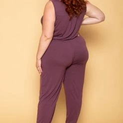 Zenana Plus Size Zelda Button Up Lounge Jumpsuit - Plum