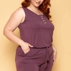 Zenana Plus Size Zelda Button Up Lounge Jumpsuit - Plum