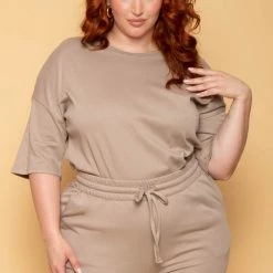 Zenana New Arrivals Plus Size Camila Top & Pants Set - Mocha