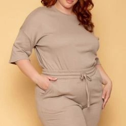 Zenana New Arrivals Plus Size Camila Top & Pants Set - Mocha