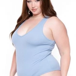 Ambiance Tops Plus Size V-Neck Bodysuit - Baby Blue