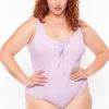 Ambiance Tops Plus Size Lace-Up Ribbed Bodysuit - Lavender