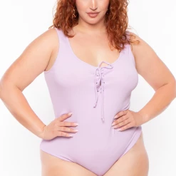 Ambiance Tops Plus Size Lace-Up Ribbed Bodysuit - Lavender