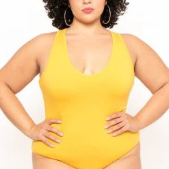Ambiance Tops Plus Size V-Neck Bodysuit - Mustard